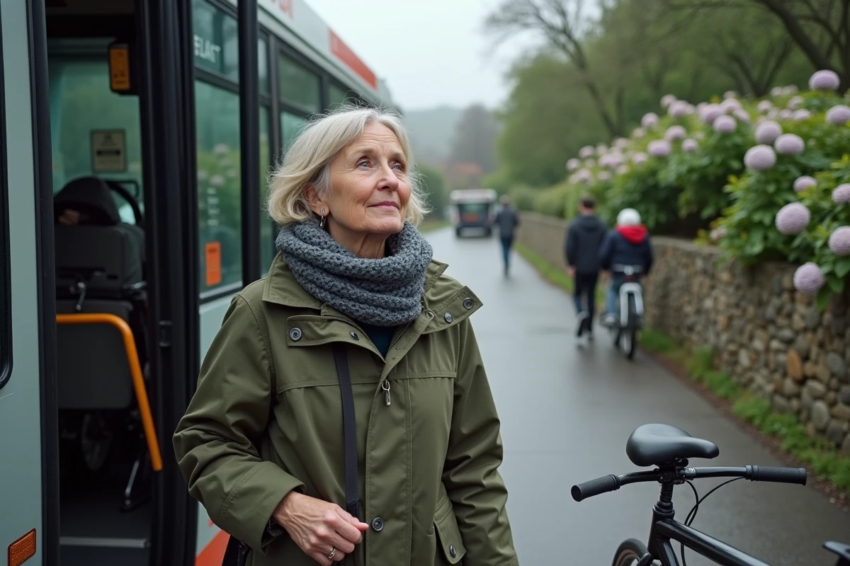 Femme en raincoat montant dans un bus rural en Finistère