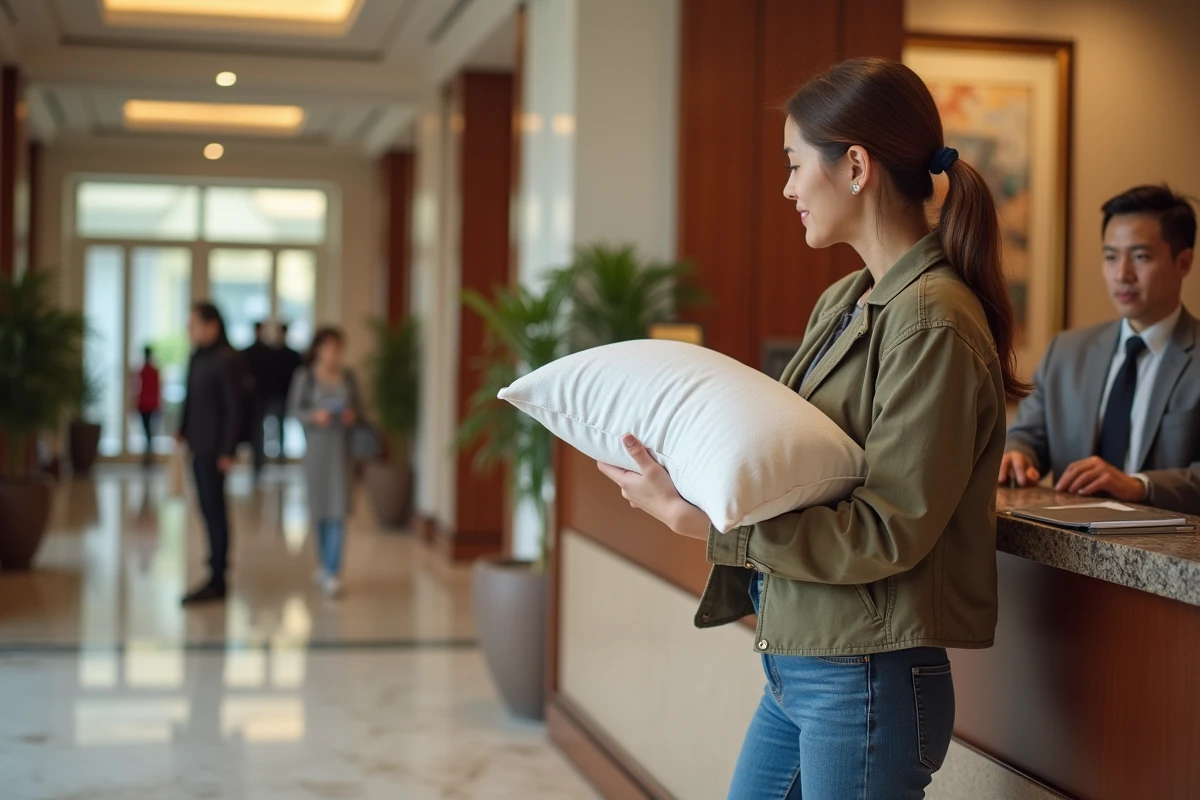 Jeune femme expliquant au réceptionniste en tenant un oreiller discretement