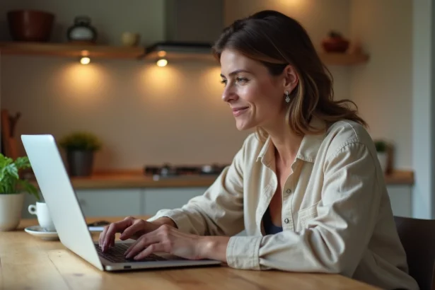 Femme consultant des offres de location de vacances dernière minute sur un ordinateur portable dans une cuisine cosy