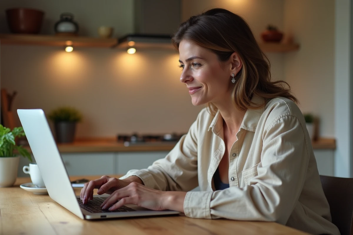 Femme consultant des offres de location de vacances dernière minute sur un ordinateur portable dans une cuisine cosy