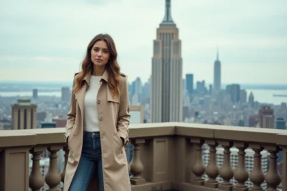 Femme en trench beige devant le Woolworth Building à Manhattan