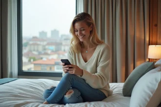 Femme souriante sur le lit d'un hôtel moderne