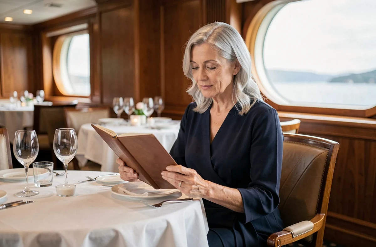 Femme senior élégante consultant un itinéraire de croisière dans un restaurant de paquebot haut de gamme