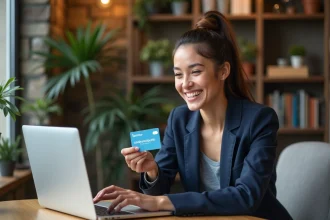 Jeune femme souriante avec carte cadeau voyage dans un salon