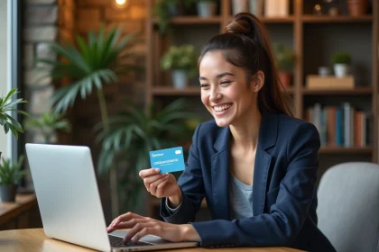 Jeune femme souriante avec carte cadeau voyage dans un salon