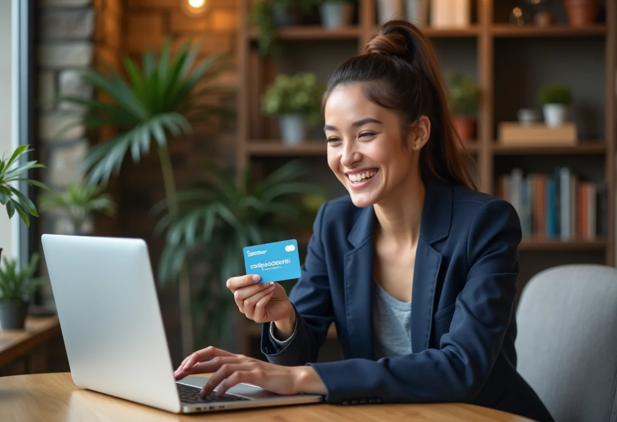 Jeune femme souriante avec carte cadeau voyage dans un salon