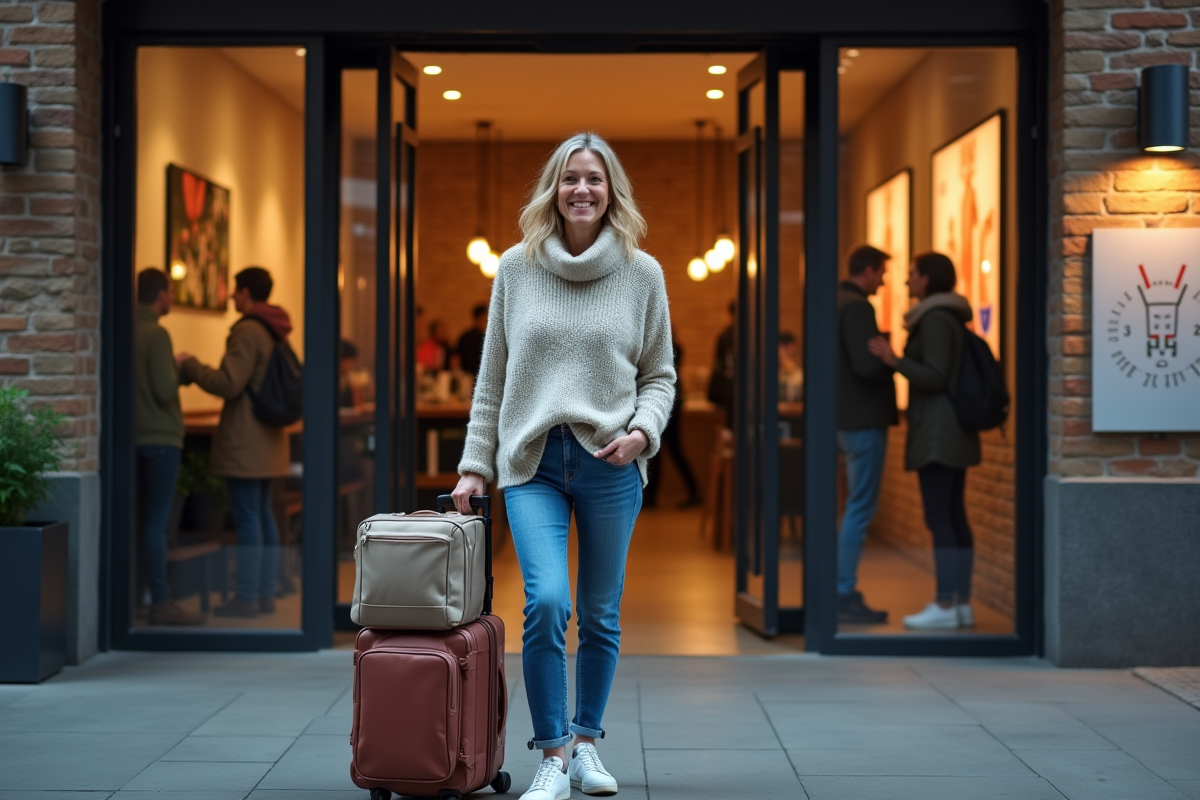 Femme souriante avec valise à l