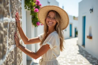 Femme souriante en robe en lin dans une rue de Skopelos