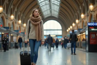 Jeune femme marche dans la gare Lille Flandres avec valise