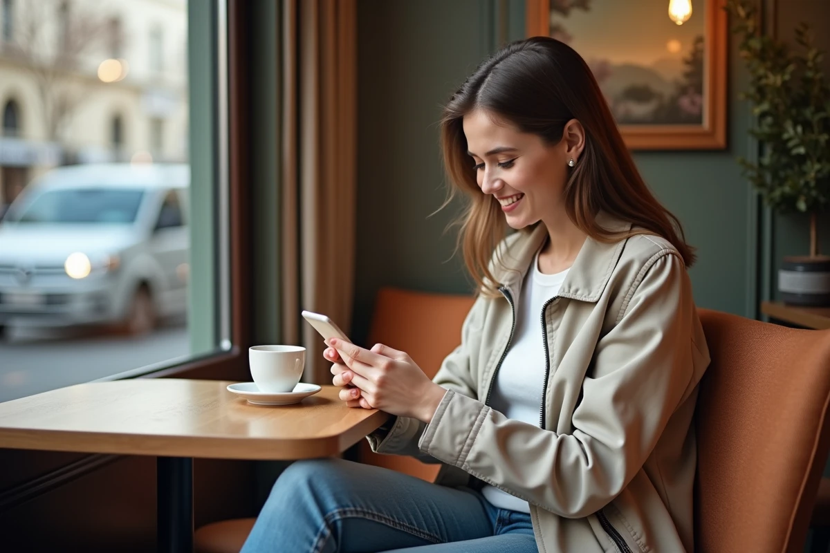 Jeune femme souriante utilisant une application de voyage au café