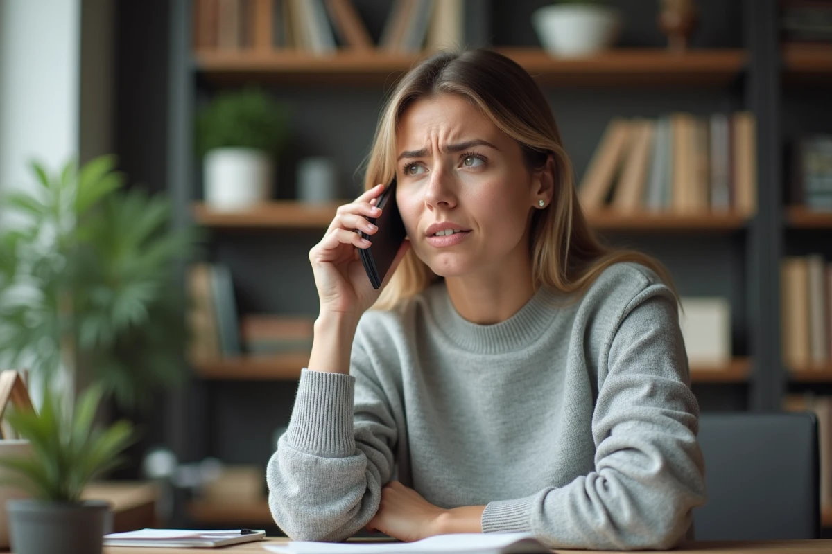 Femme au téléphone avec le service client BlaBlaCar depuis son bureau à domicile