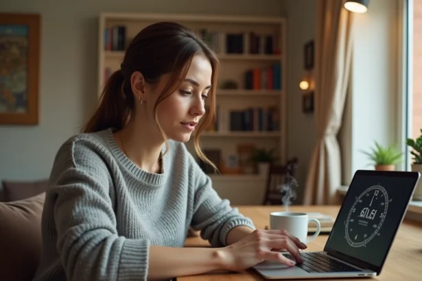 Femme travaillant depuis son bureau à domicile en gérant le décalage horaire avec La Réunion sur son ordinateur portable