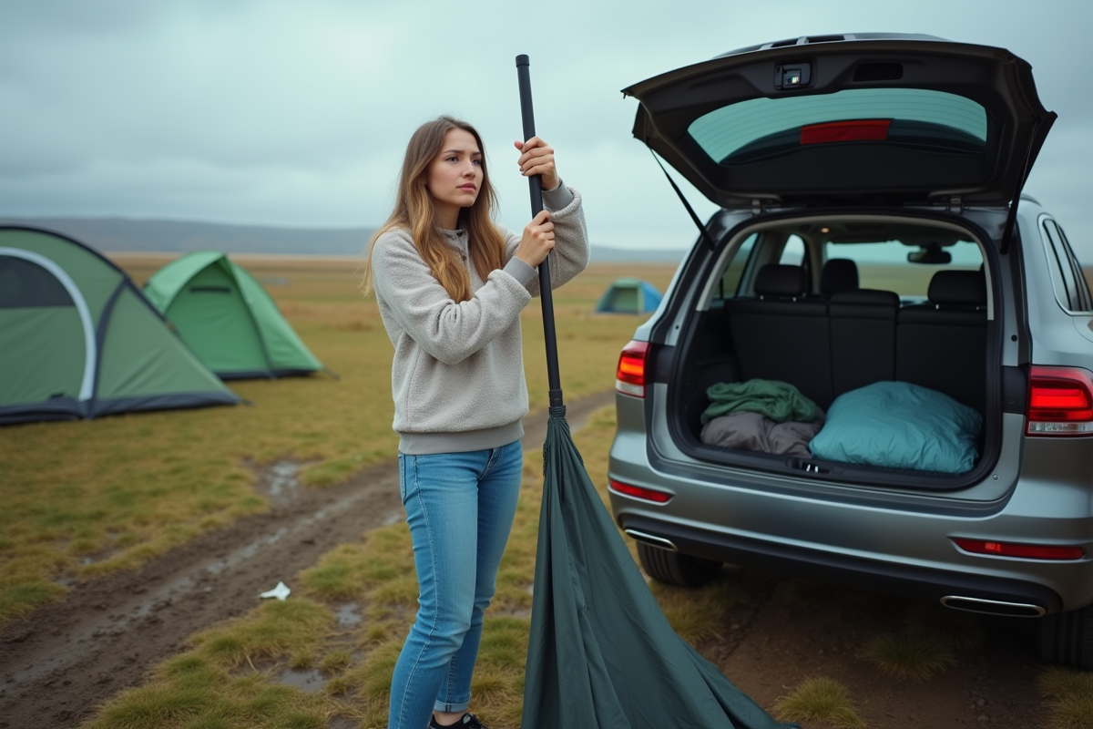 Jeune femme frustrée tentant de fixer une tente en plein air