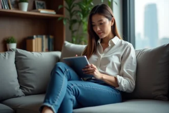 Femme regardant une application de suivi avion sur tablette