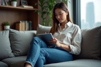 Femme regardant une application de suivi avion sur tablette