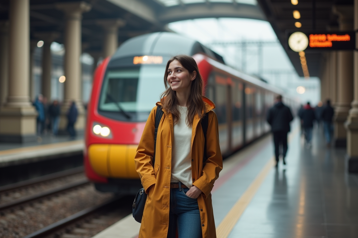 Jeune femme souriante à la gare avec train moderne