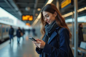 Jeune femme dans une gare vérifiant son smartphone