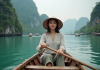 Femme vietnamienne en bateau à Halong Bay avec karsts