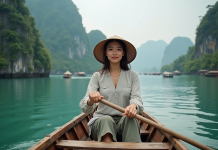 Explorer la baie d’Halong : trésor naturel du Vietnam Femme vietnamienne en bateau à Halong Bay avec karsts