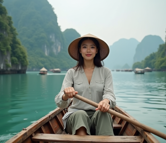 Explorer la baie d’Halong : trésor naturel du Vietnam Femme vietnamienne en bateau à Halong Bay avec karsts