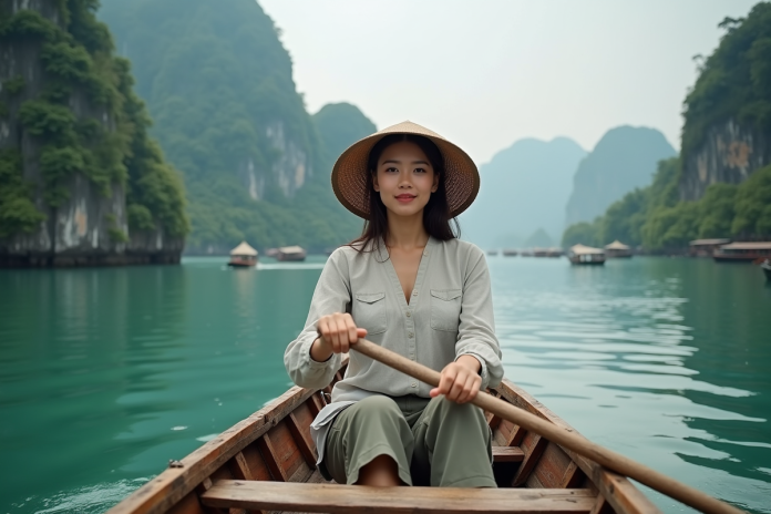 Femme vietnamienne en bateau à Halong Bay avec karsts