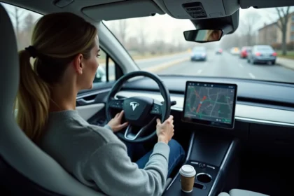 Femme au volant d'un véhicule électrique consultant une application GPS avec bornes de recharge sur l'itinéraire