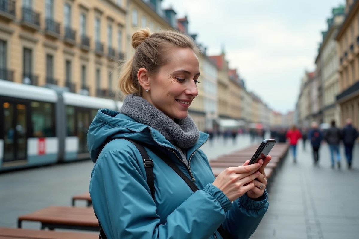 Femme souriante vérifiant son smartphone en ville
