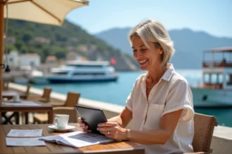 Femme souriante vérifiant ses détails de voyage au café