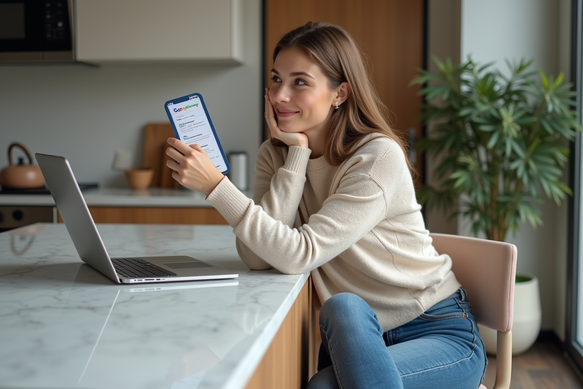 Femme détendue avec billet d'avion dans une cuisine moderne