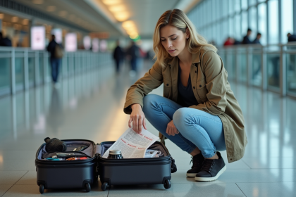 Femme voyageuse vérifiant la liste d'objets interdits à l'aéroport