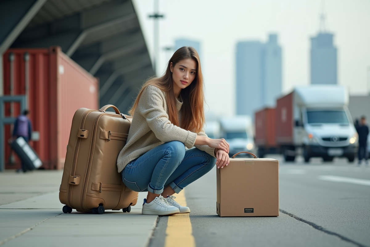 Jeune femme voyageuse avec sac à côté d