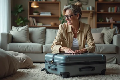 Femme voyageuse ferme sa valise dans un salon moderne