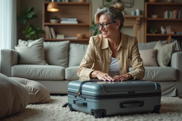 Femme voyageuse ferme sa valise dans un salon moderne