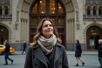 Femme élégante devant le Woolworth Building à New York