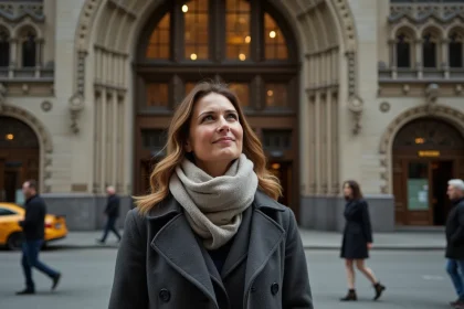 Femme élégante devant le Woolworth Building à New York