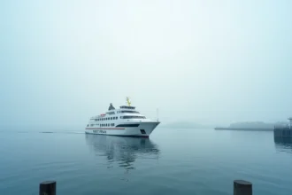 Ferry blanc quittant le port de Lorient au lever du jour vers l'île de Groix, eau calme et brume matinale