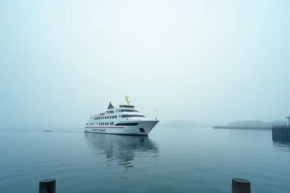 Ferry blanc quittant le port de Lorient au lever du jour vers l'île de Groix, eau calme et brume matinale