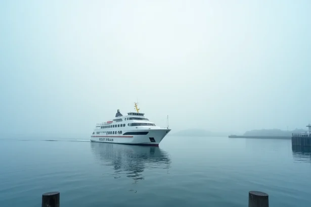 Ferry blanc quittant le port de Lorient au lever du jour vers l'île de Groix, eau calme et brume matinale