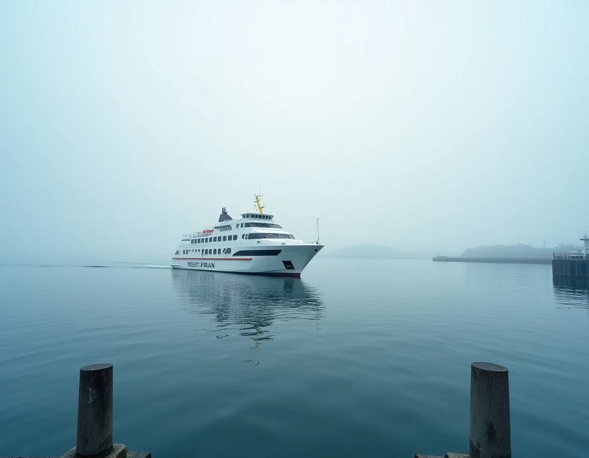 Ferry blanc quittant le port de Lorient au lever du jour vers l'île de Groix, eau calme et brume matinale