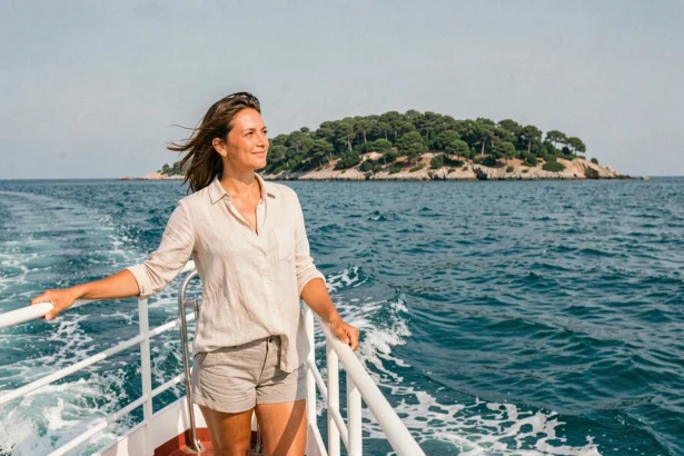 Femme à bord d'un ferry traversant la mer vers l'île de Porquerolles depuis Toulon