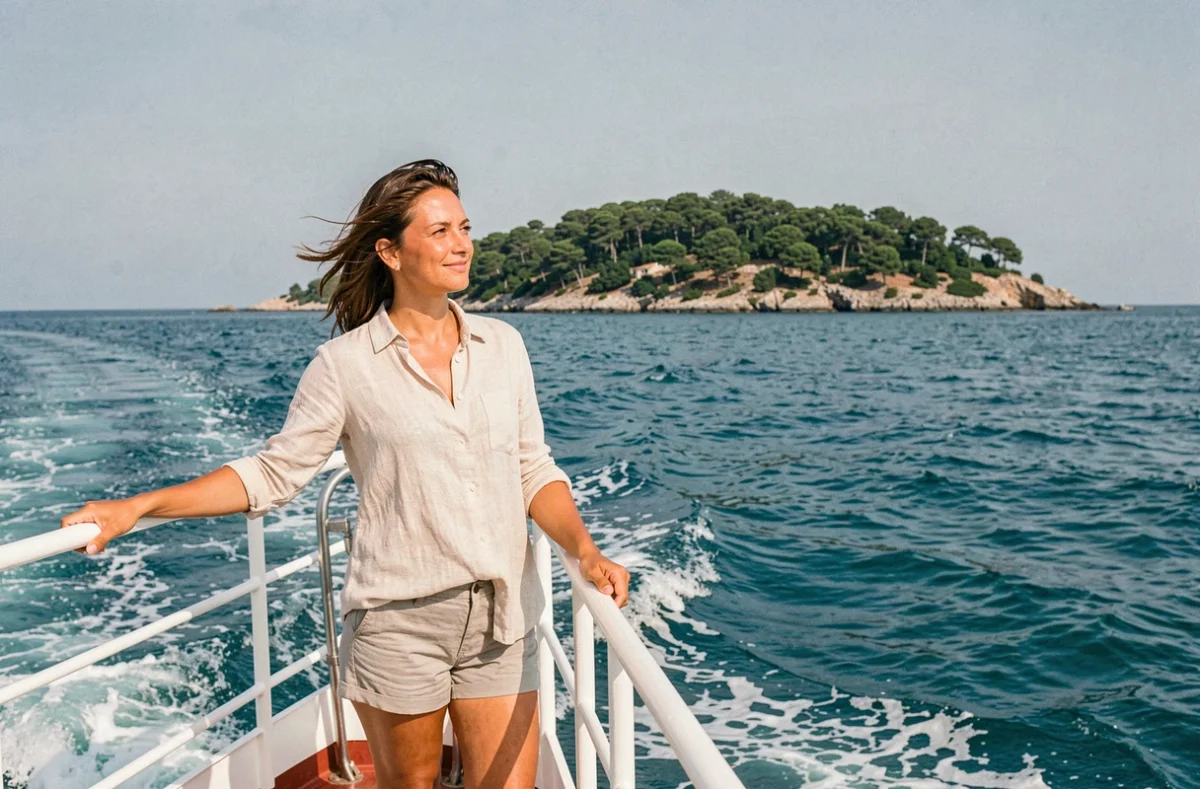 Femme à bord d'un ferry traversant la mer vers l'île de Porquerolles depuis Toulon