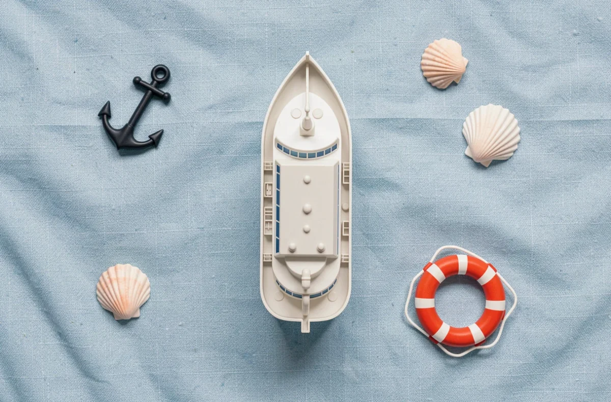Vue aérienne du bateau de croisière Playmobil stylisé en flat lay avec coquillages et accessoires marins