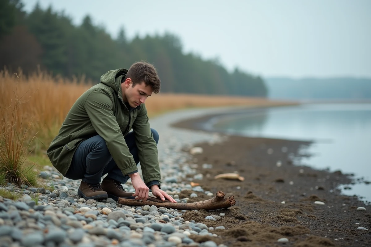 Jeune homme examinant un morceau de bois flotté sur la plage de galets des marais de Pennedepie, ambiance naturelle et sauvage