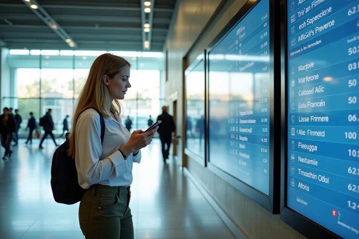 Femme consultant son téléphone devant un tableau des départs dans une gare routière moderne pour les lignes Marseille Aix-en-Provence