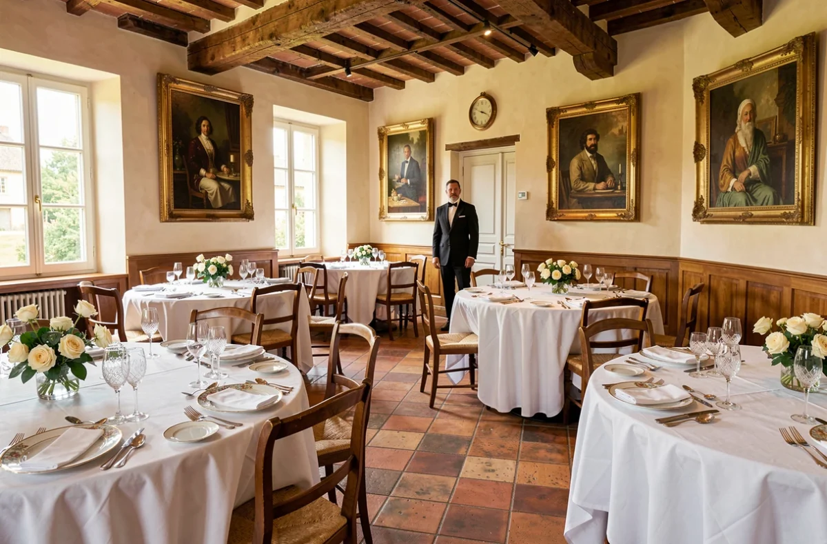 Salle de restaurant gastronomique des Relais et Châteaux Georges Blanc à Vonnas avec tables dressées en porcelaine fine et décor de ferme bressane