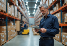 Manager logistique avec tablette dans un entrepôt moderne