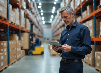 Meilleur transporteur international en 2025 : comparatif des services et tarifs proposés Manager logistique avec tablette dans un entrepôt moderne