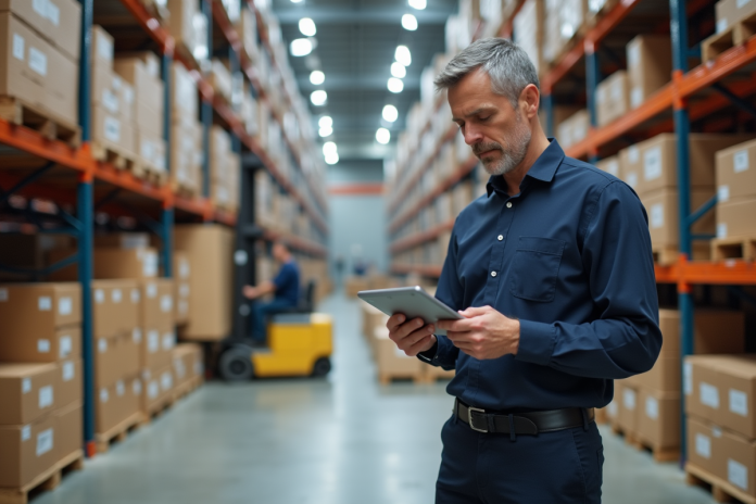 gestionnaire-logistique-warehouse Manager logistique avec tablette dans un entrepôt moderne