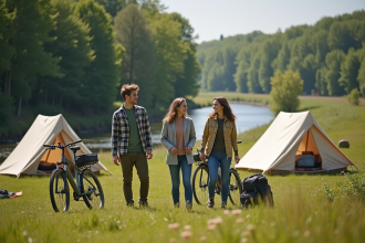 Jeunes adultes riant en installant des tentes au bord de l'eau