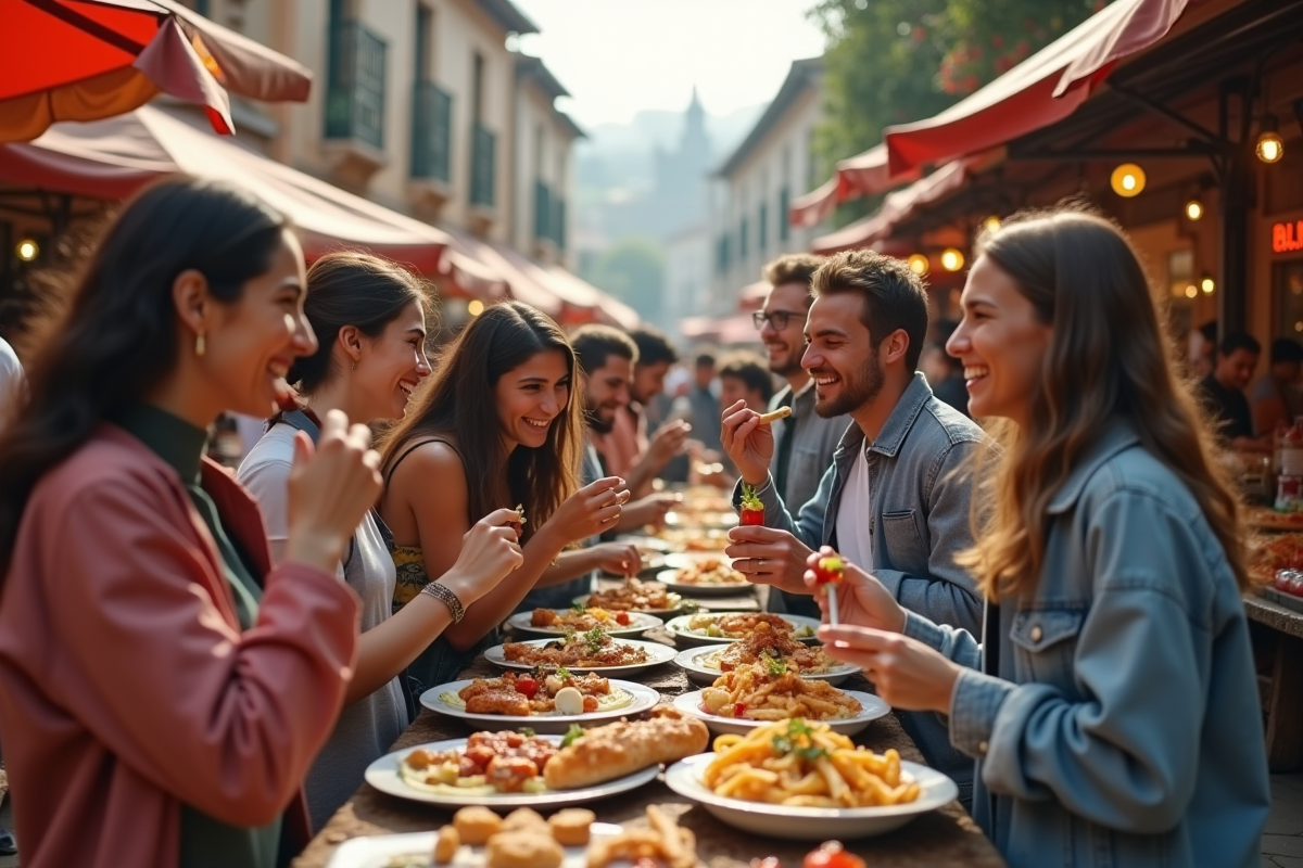 Groupe de jeunes dégustant street food dans un marché de village